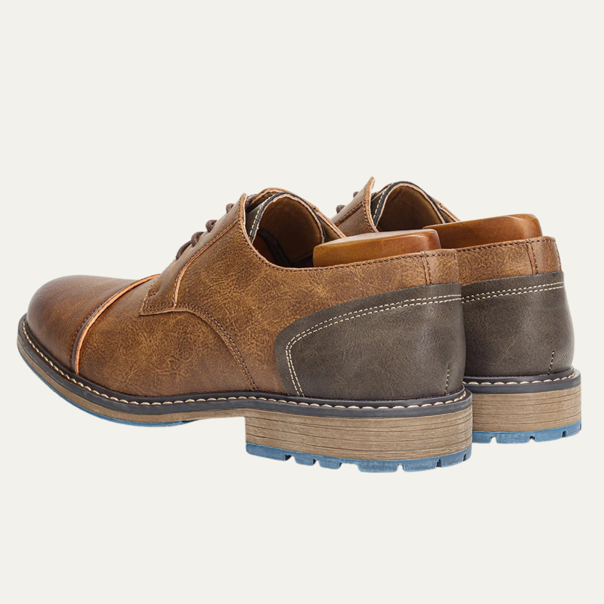 Men's lace-up leather Oxford shoes, brown uppers with dark heel panel and blue sole
