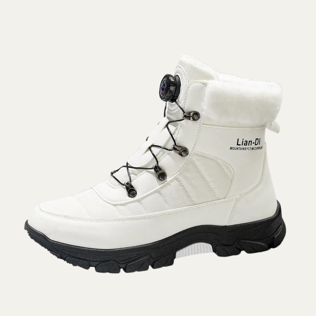 Men's white high-top snow boots with faux fur lining, lace-up, and grippy outsole