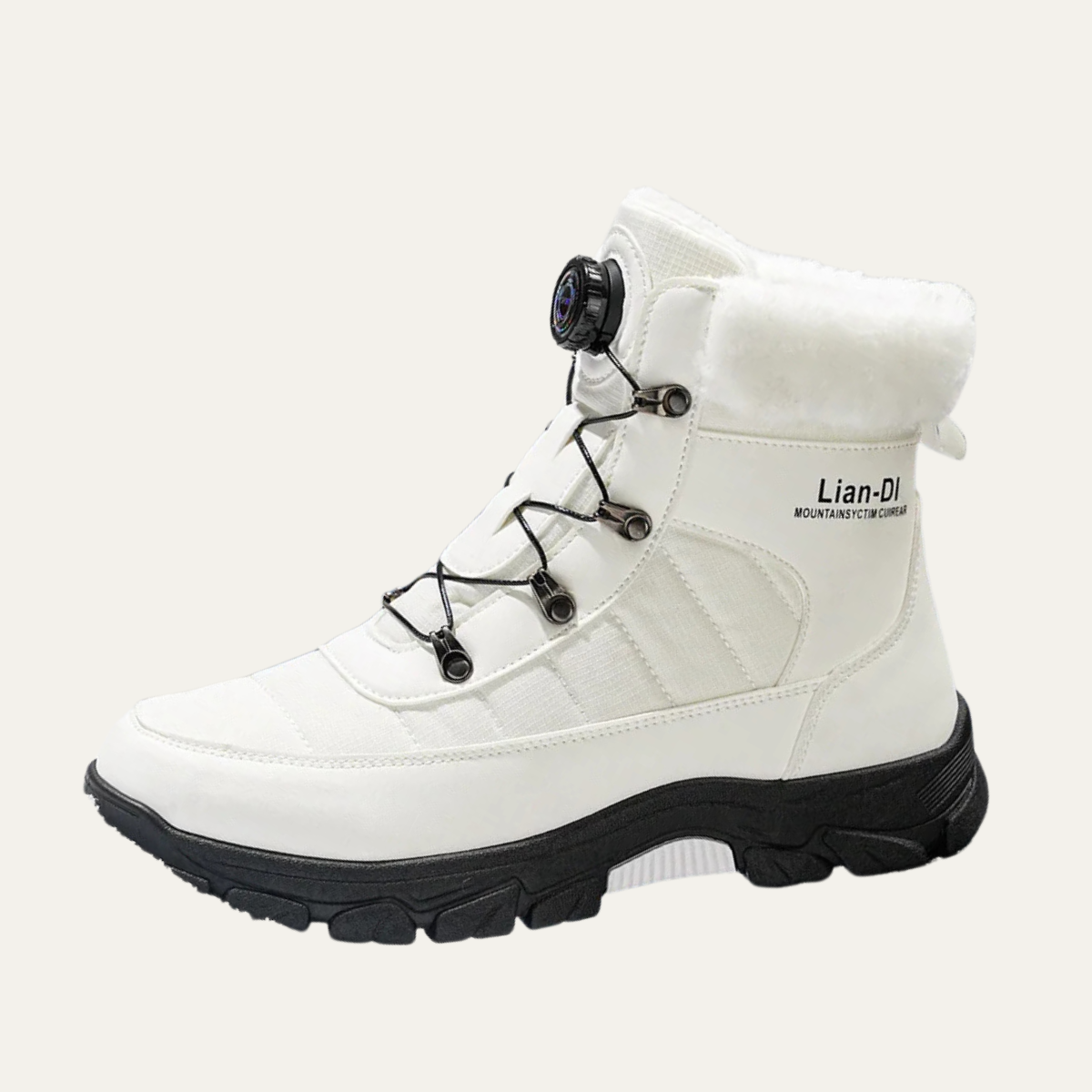 Men's white high-top snow boots with faux fur lining, lace-up, and grippy outsole