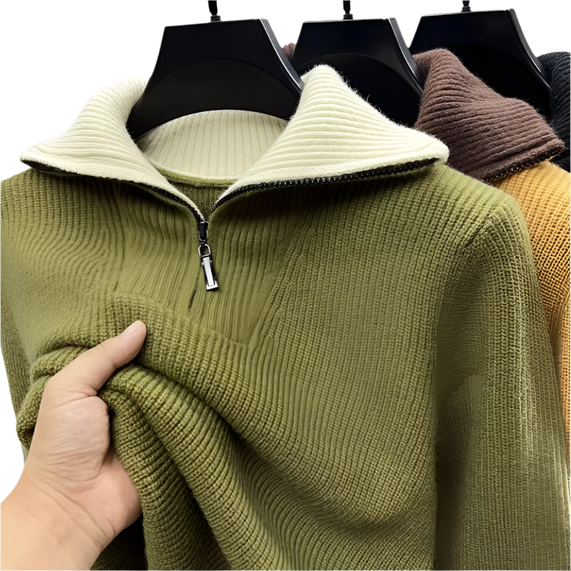 Close-up of men's quarter-zip sweater in olive green knit with ribbed collar