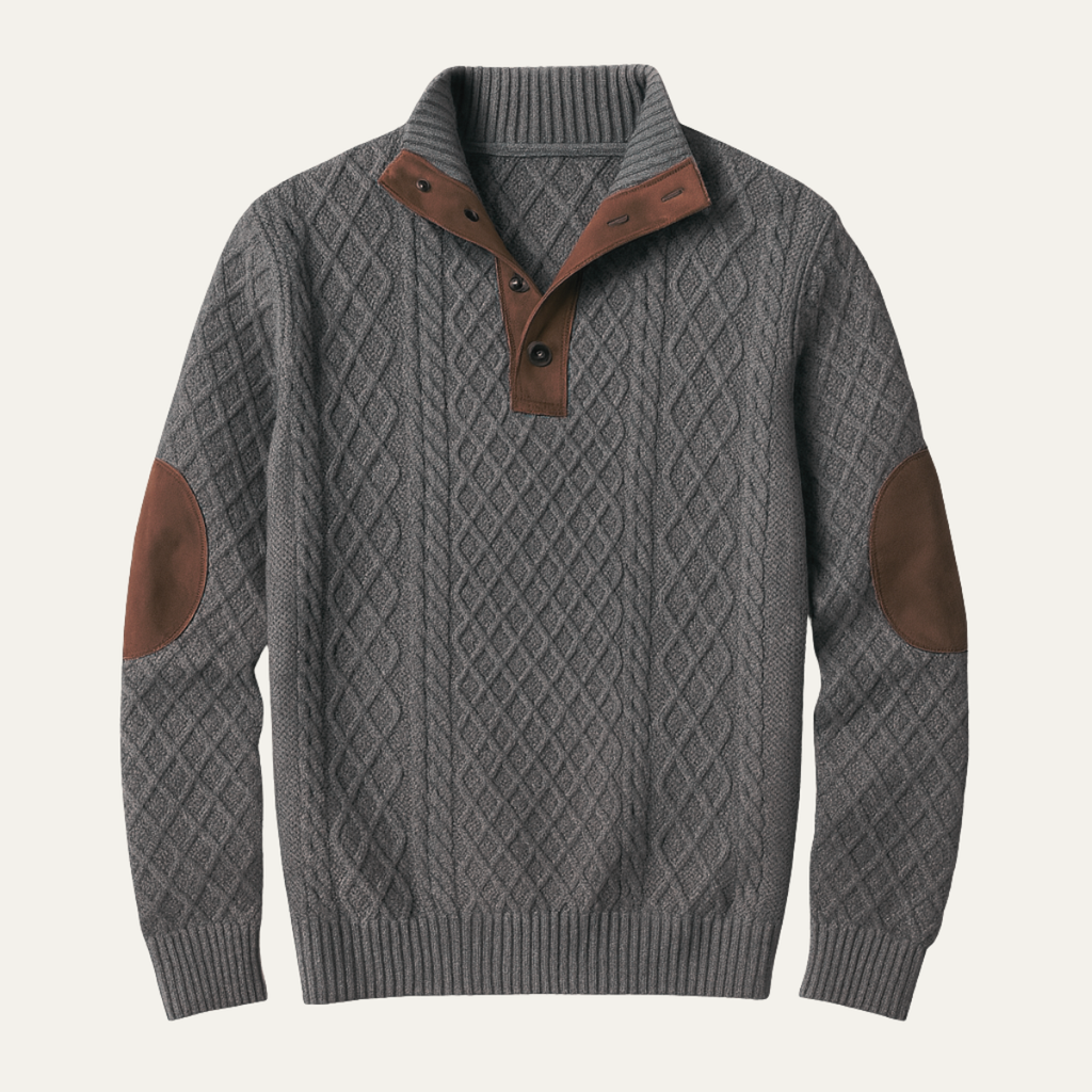 Men's patterned fleece sweater with suede elbow patches, buttoned quarter-zip, gray