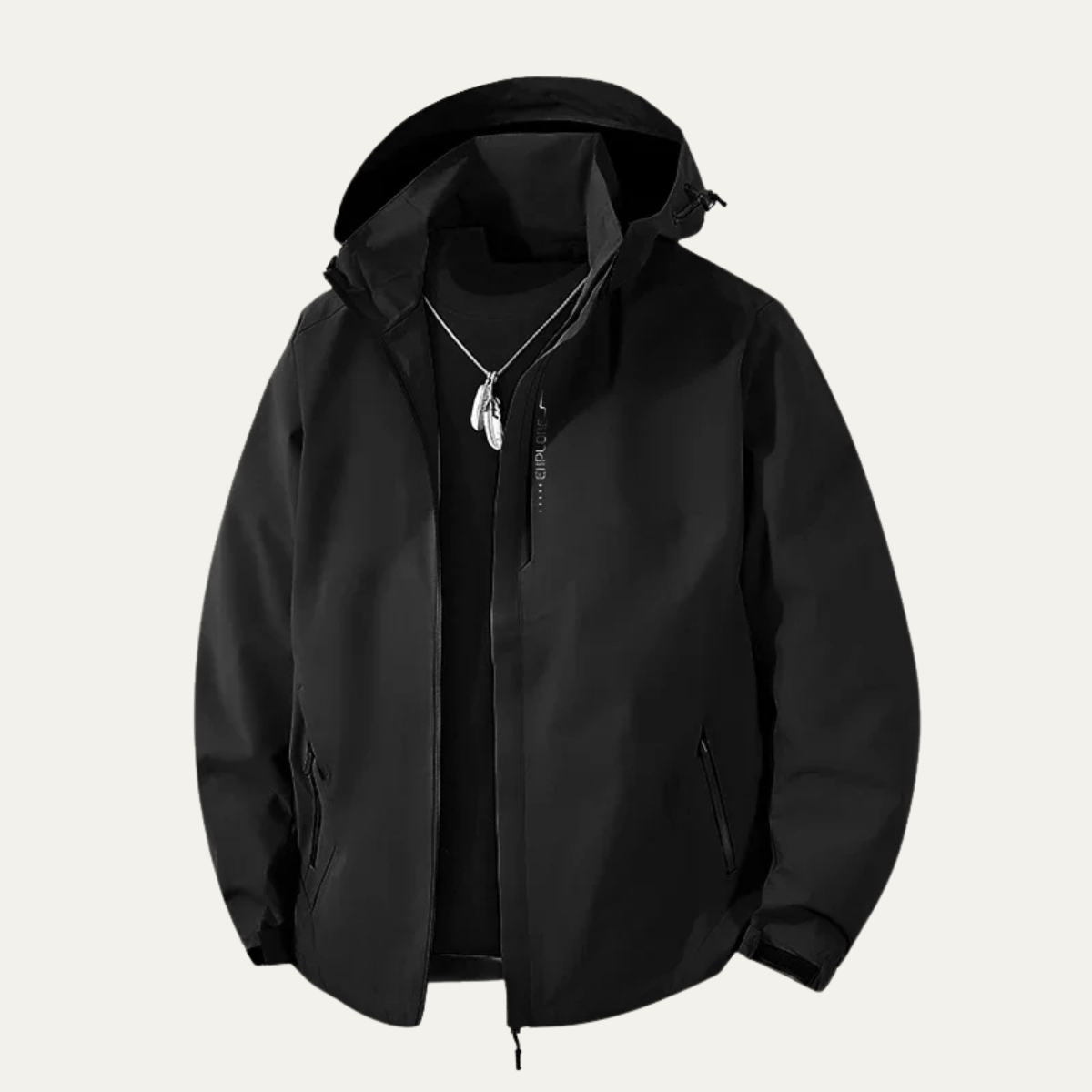 Black hooded waterproof rain jacket with front zipper and drawstring hem
