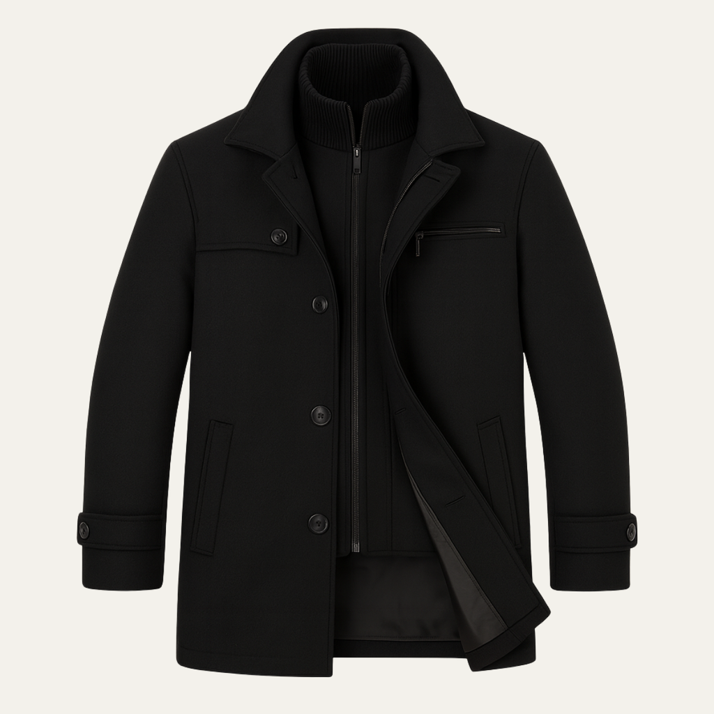 Black wool-blend overcoat with notched lapels, front buttons, chest welt and side pockets