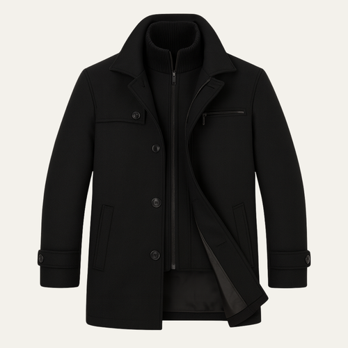 Black wool-blend overcoat with notched lapels, front buttons, chest welt and side pockets
