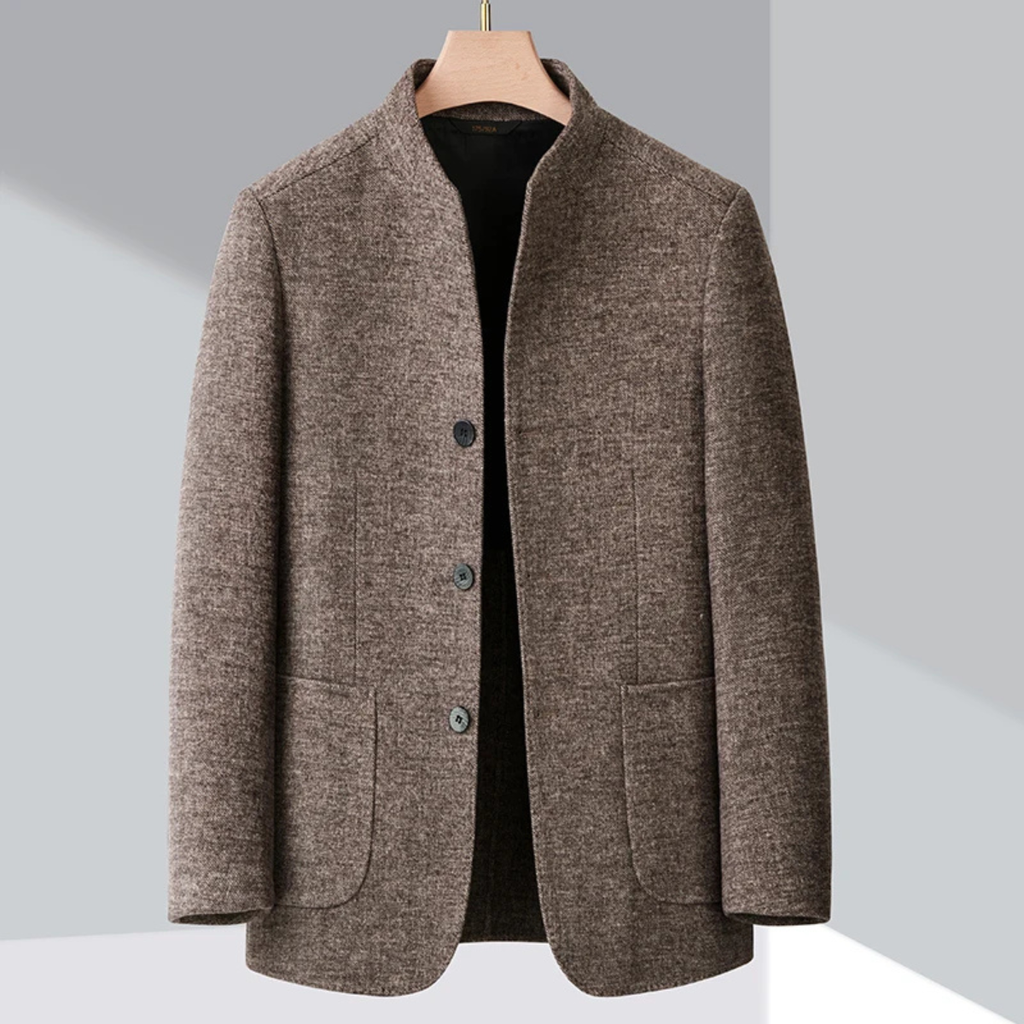 Men's warm fleece stand-collar blazer, brown, button front with chest and side pockets