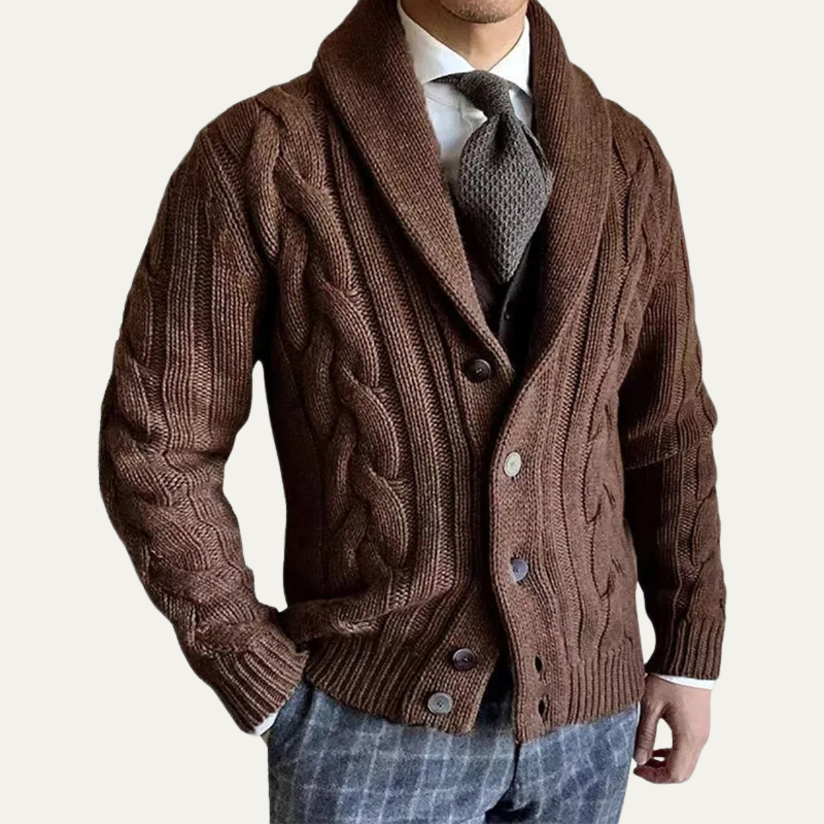 Brown cable knit shawl-collar button cardigan, front open