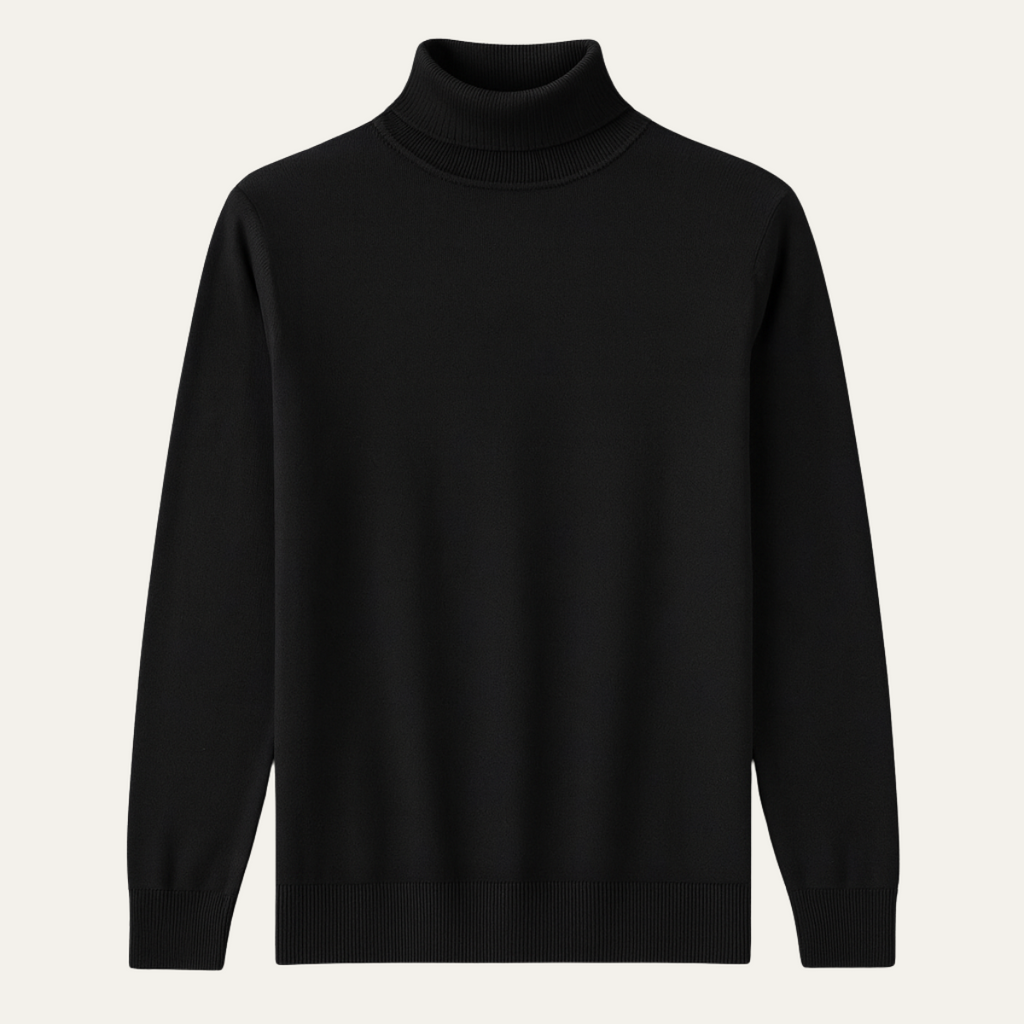 Men's black slim-fit cotton turtleneck sweater with ribbed collar and cuffs.