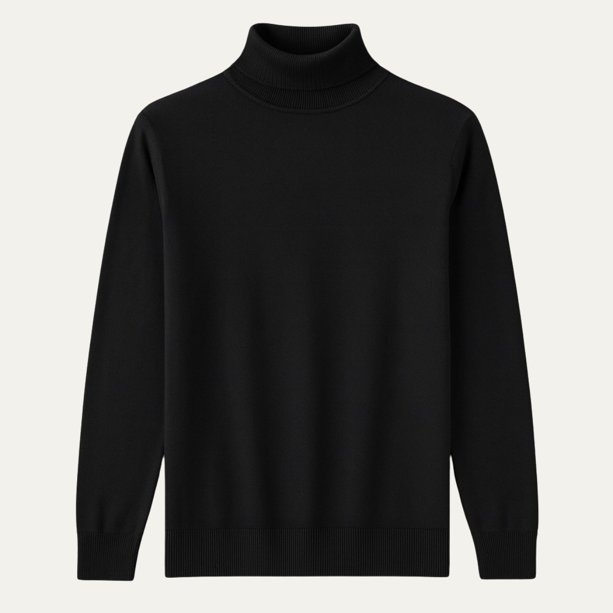 Men's black slim-fit cotton turtleneck sweater with ribbed collar and cuffs.