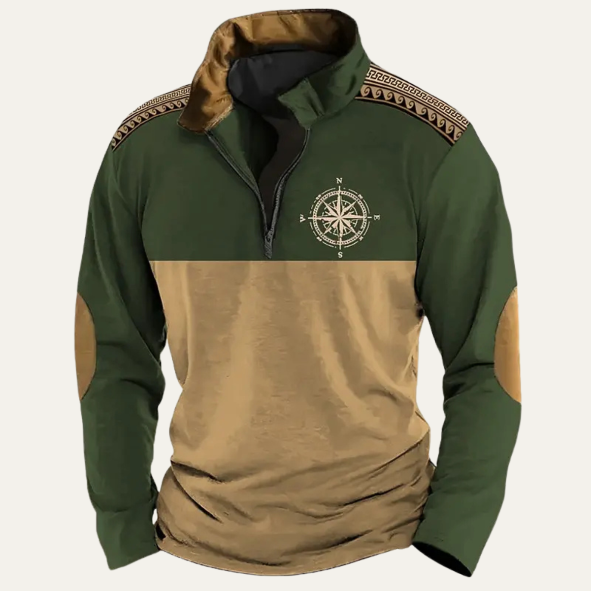 Men's vintage quarter-zip sweater, green and tan with embroidered compass on chest