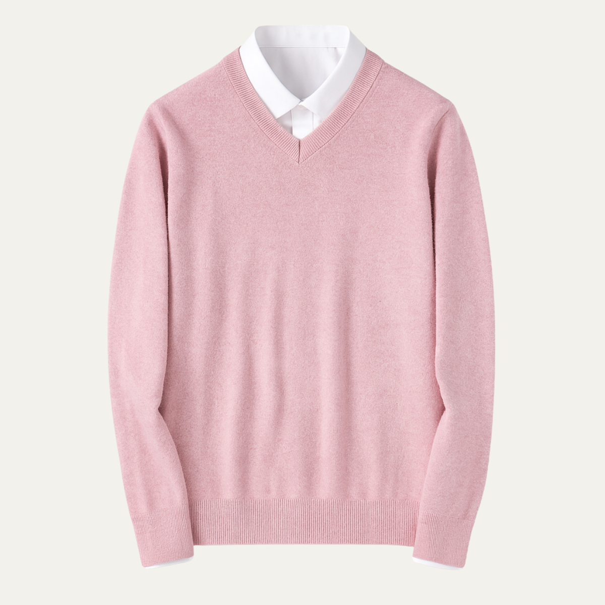 Men's cashmere V-neck sweater, pink knit with ribbed hem and cuffs.