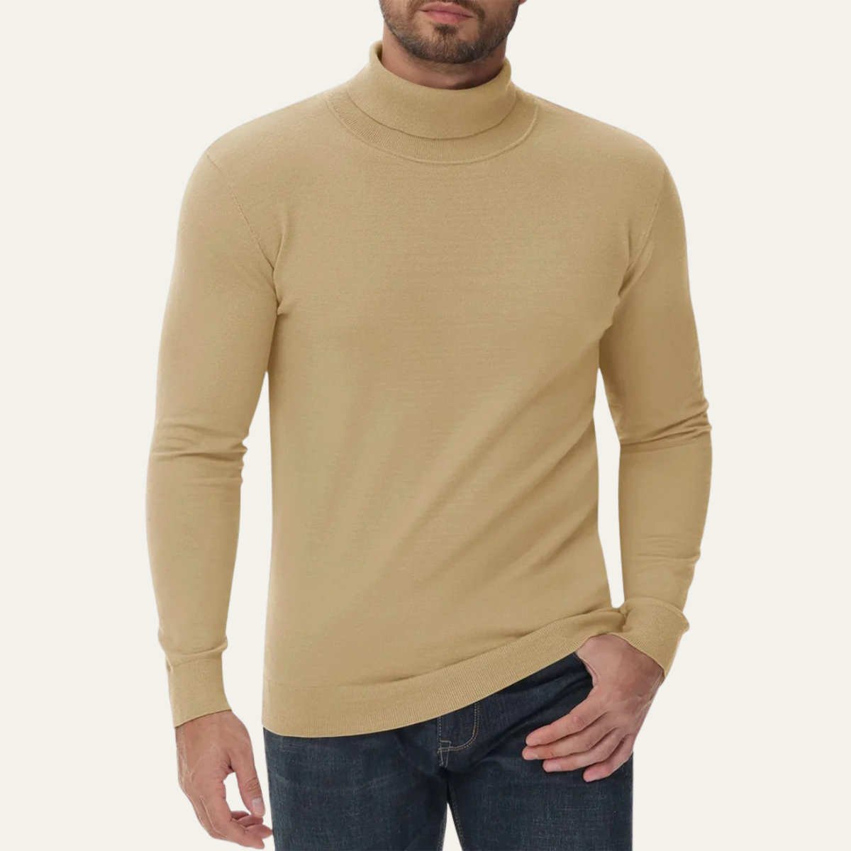 Men's khaki slim-fit cotton turtleneck sweater with fitted hem and ribbed neck.