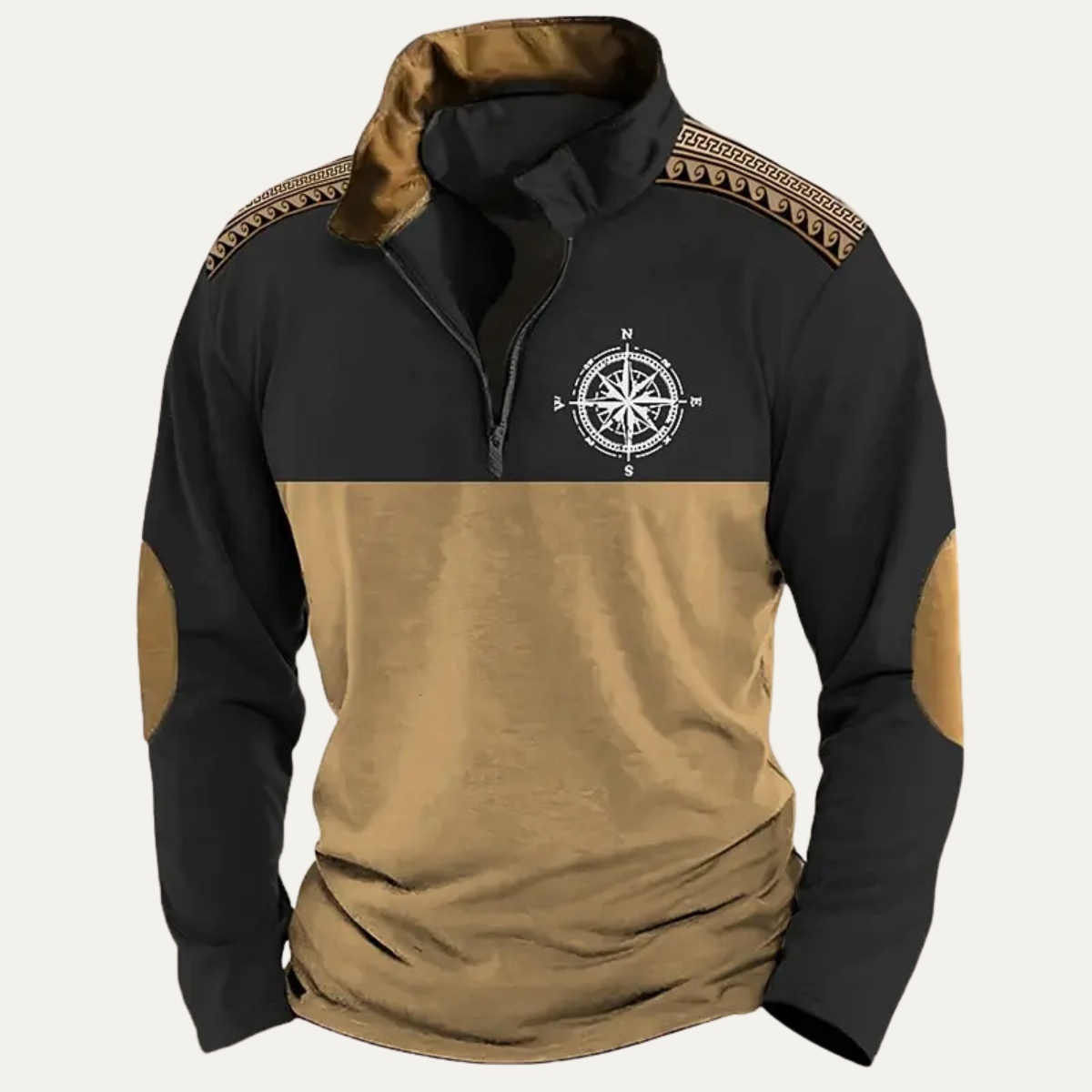 Men's vintage quarter-zip sweater, black and tan with embroidered compass on chest