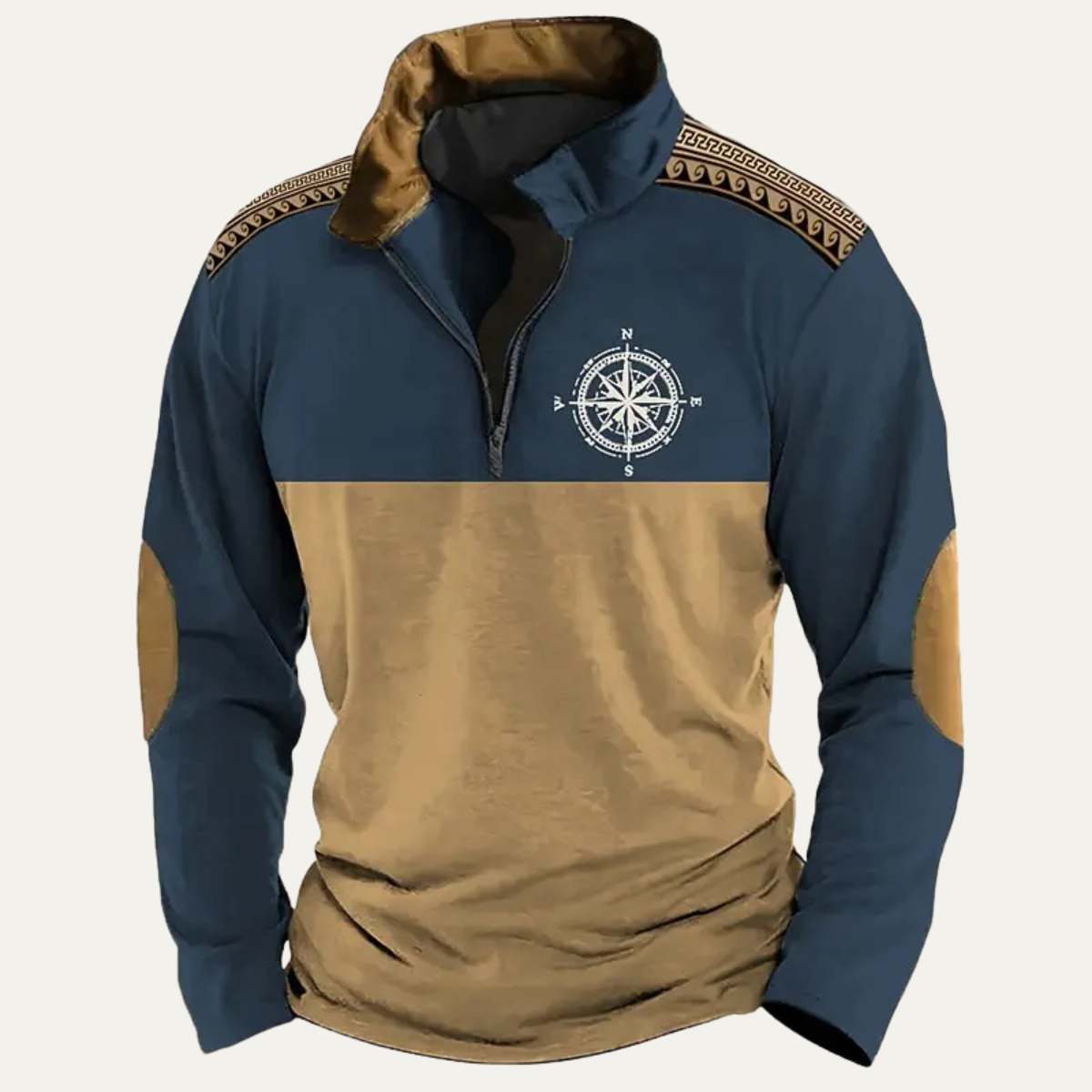 Men's vintage quarter-zip sweater, blue and tan with embroidered compass on chest