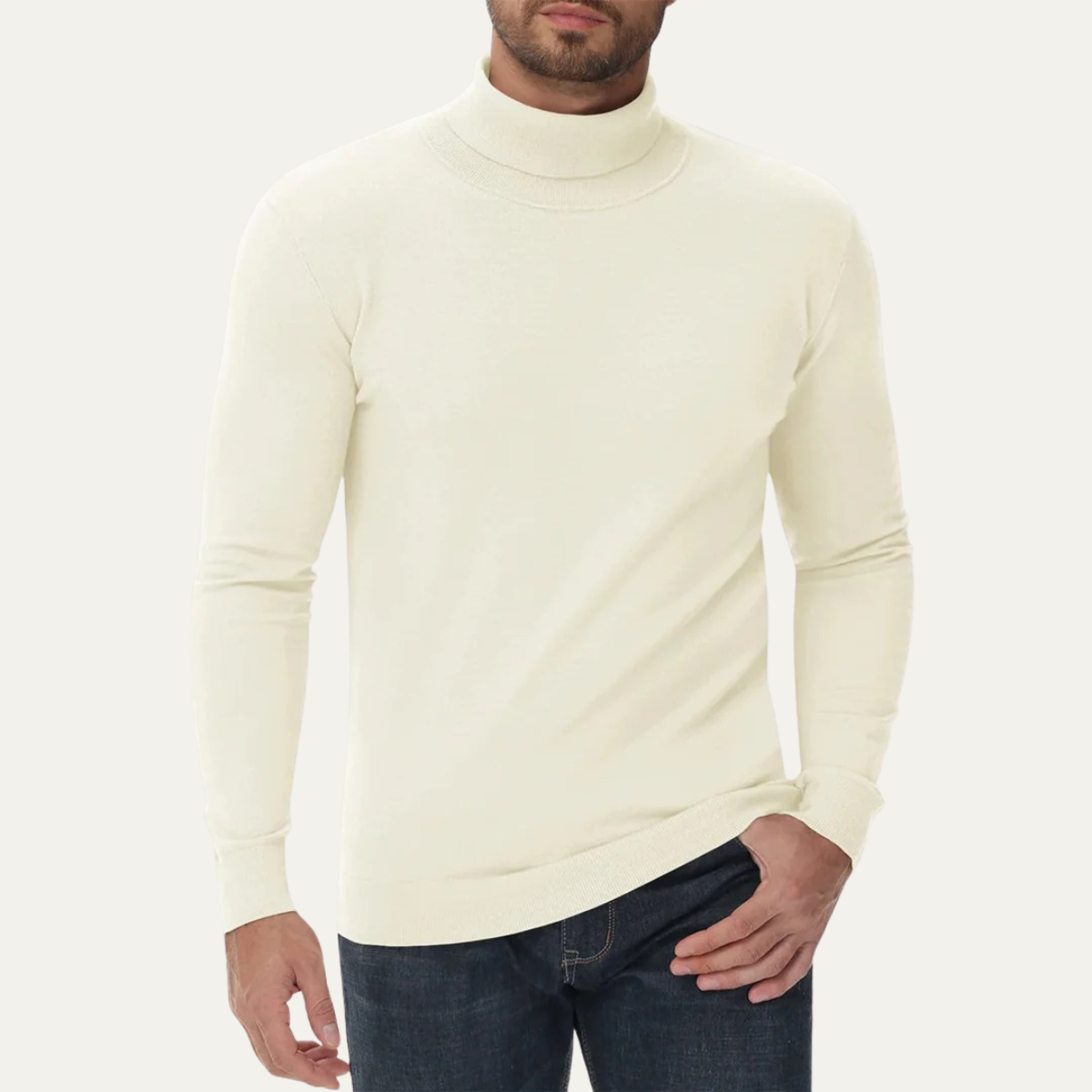 Men's white slim-fit cotton turtleneck sweater with fitted hem and long sleeves.