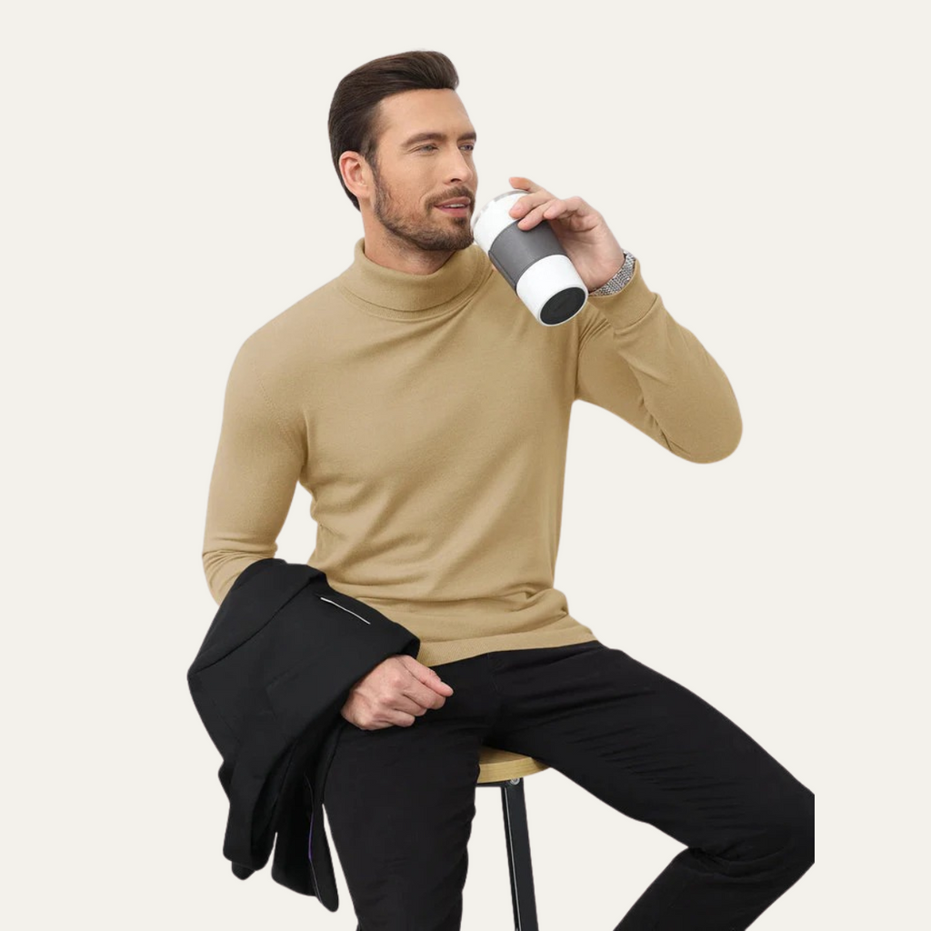 Men's khaki slim-fit cotton turtleneck sweater with ribbed collar and long sleeves.