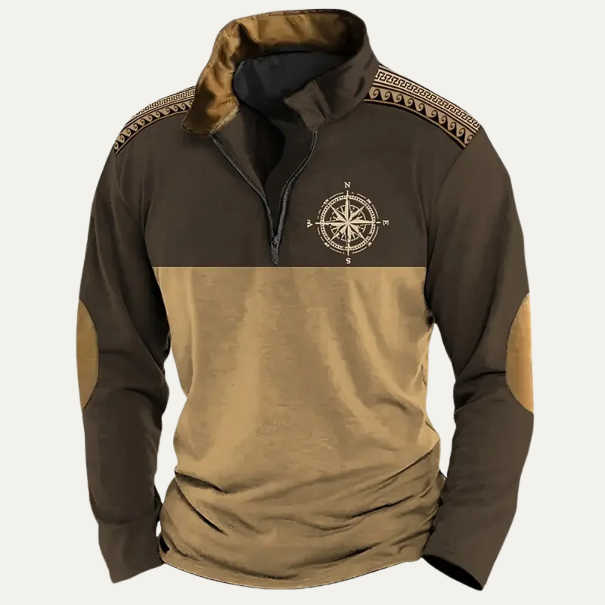 Men's vintage quarter-zip sweater, brown and tan with embroidered compass on chest