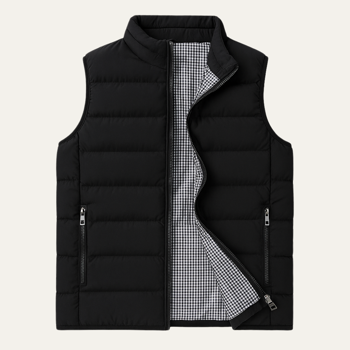 Men's black puffer quilted vest with zip-front and check-lined inner placket