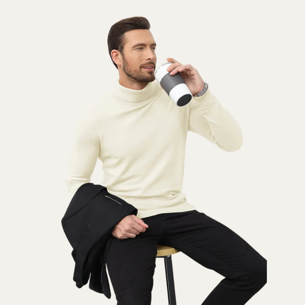 Men's white slim-fit cotton turtleneck sweater with ribbed collar and cuffs.
