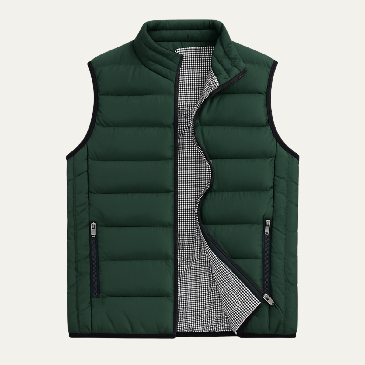 Men's green puffer quilted vest with zip-front and check-lined inner placket