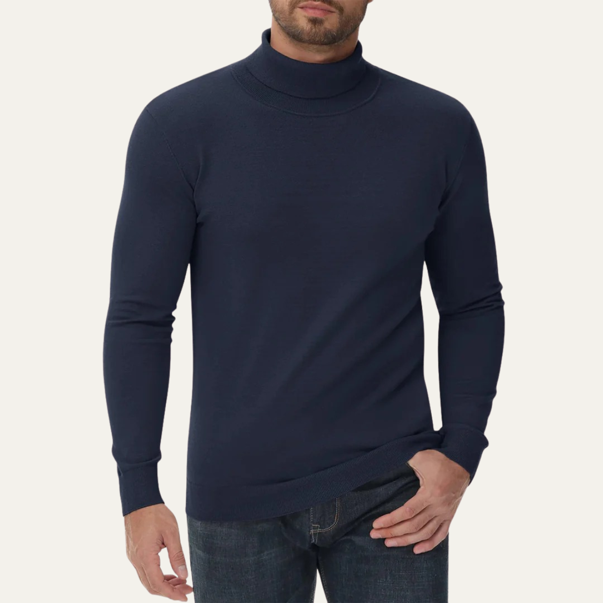 Men's navy slim-fit cotton turtleneck sweater with ribbed cuffs and fitted hem.