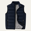 Men's navy puffer quilted vest with zip-front and check-lined stand collar