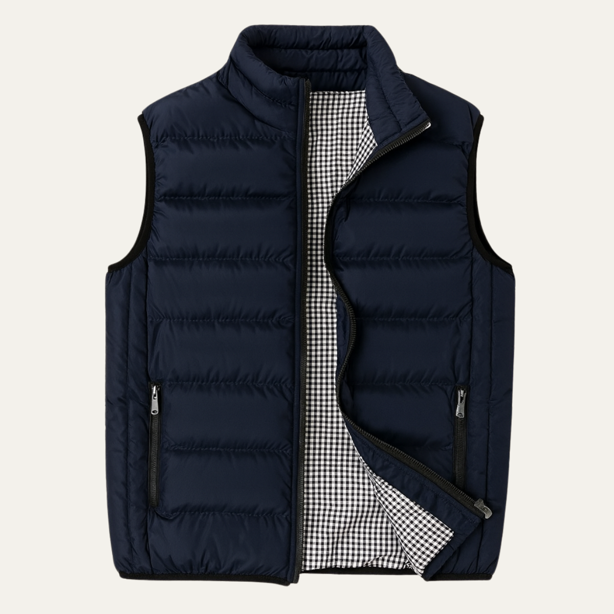 Men's navy puffer quilted vest with zip-front and check-lined stand collar