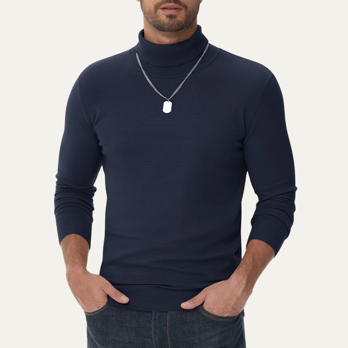 Men's navy slim-fit cotton turtleneck sweater with ribbed neckline and long sleeves.