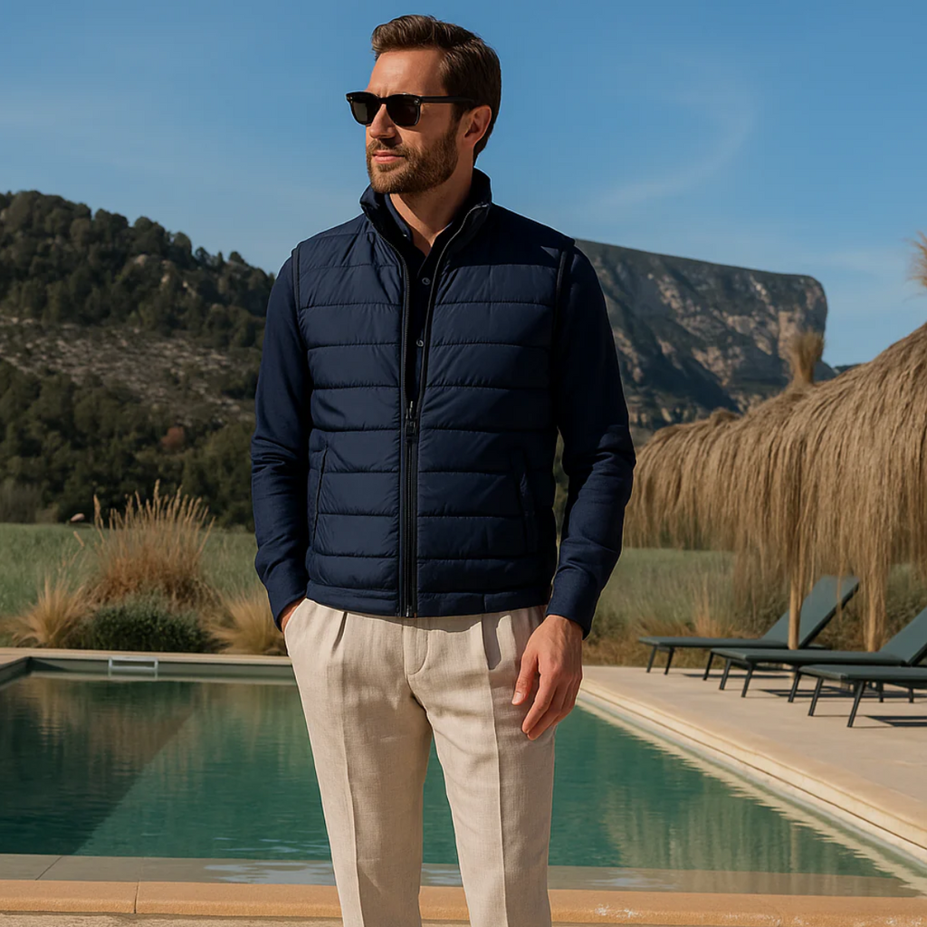 Men's navy puffer quilted vest with full front zipper and stand collar
