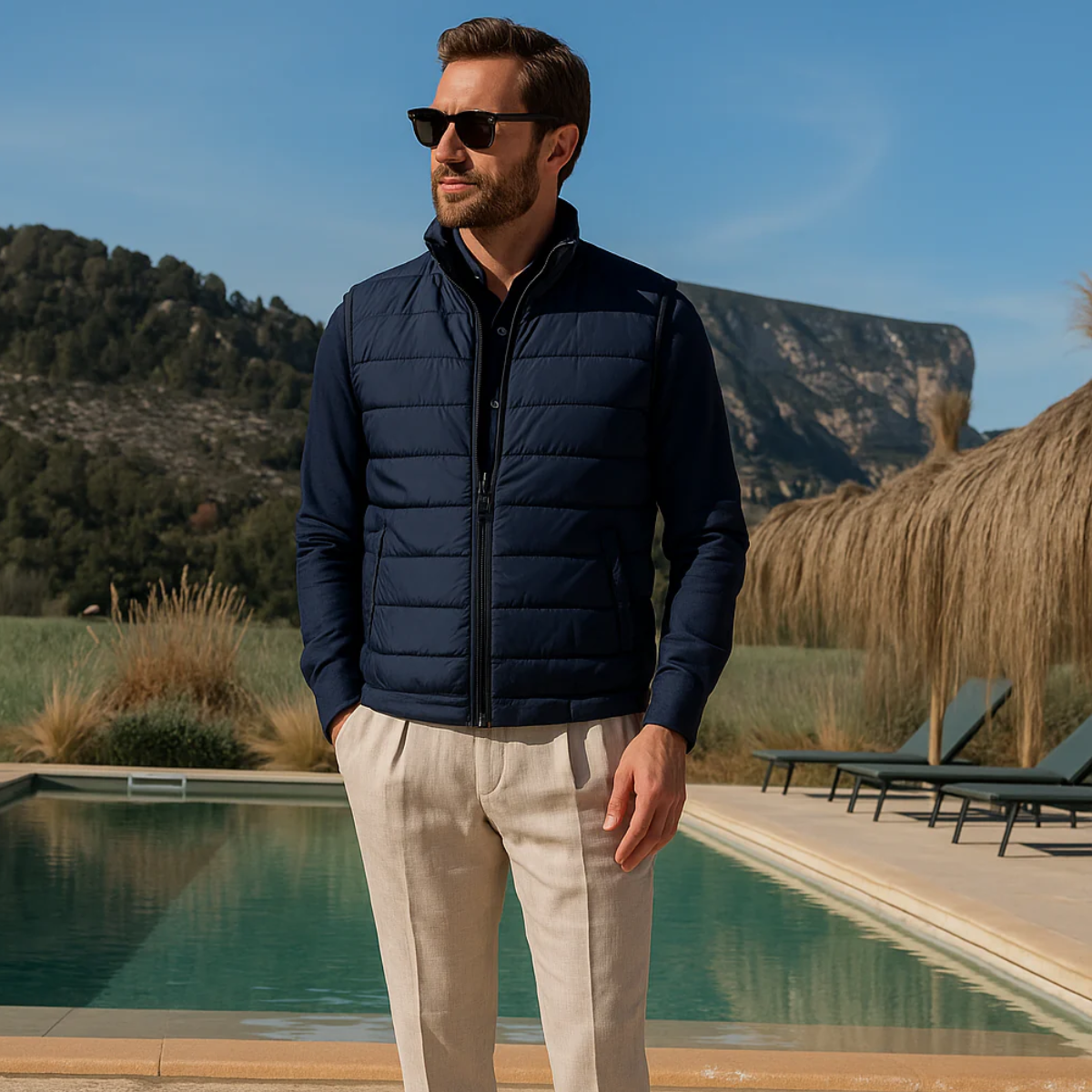 Men's navy puffer quilted vest with full front zipper and stand collar