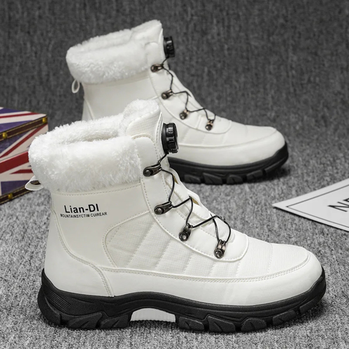 Men's white winter snow boots with faux fur cuffs and lace-up front, grippy outsole