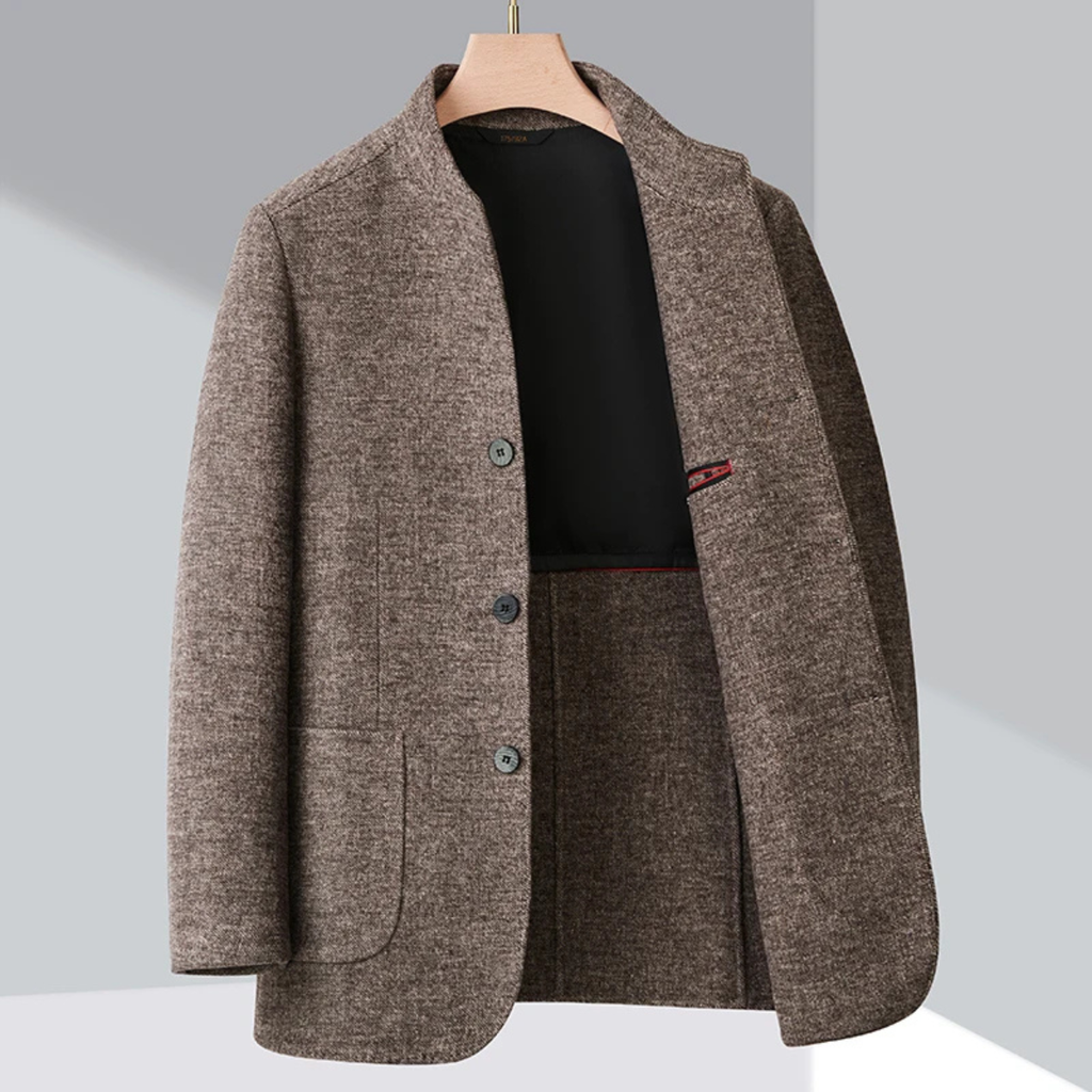 Men's warm fleece stand-collar blazer, brown with black inner lining and red-trim detail