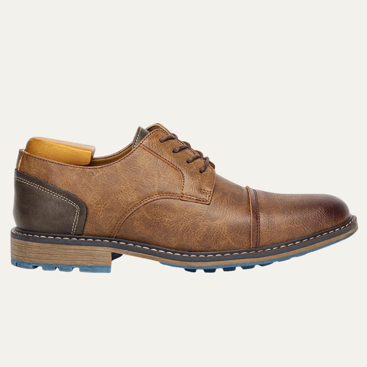 Men's lace-up leather Oxford shoes, brown with dark side panels and blue rubber sole