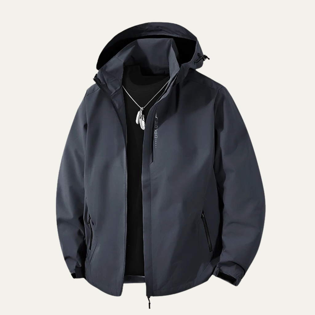 Gray hooded waterproof rain jacket with front zipper and drawstring hem