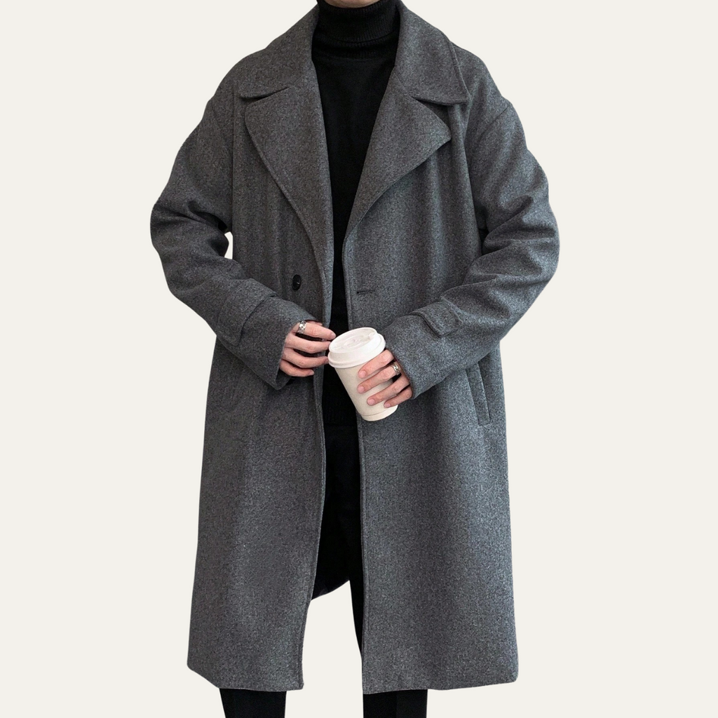 Gray wool overcoat with notch lapels and long single-breasted front