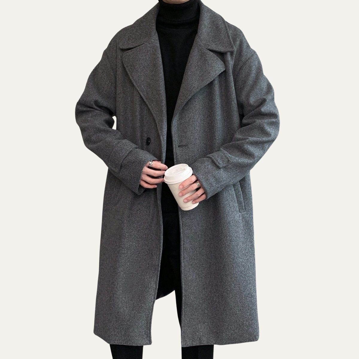 Gray wool overcoat with notch lapels and long single-breasted front
