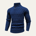 Men's textured winter wool knitted sweater, blue mock neck with button placket