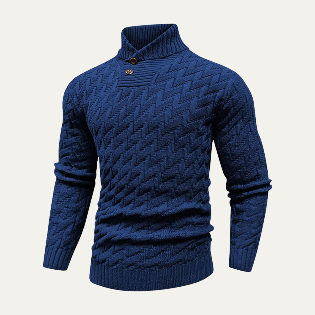 Men's textured winter wool knitted sweater, blue mock neck with button placket