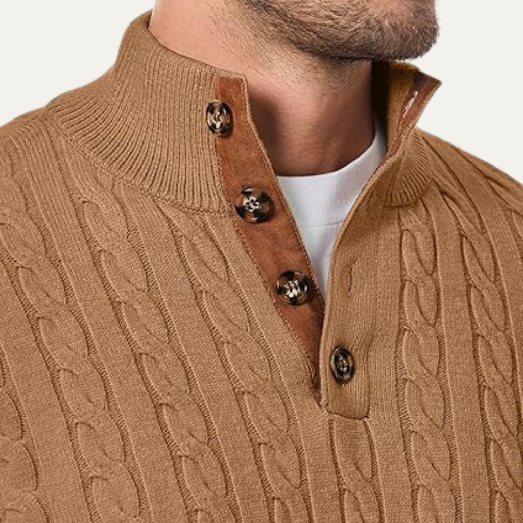 Khaki cable-knit sweater collar with brown leather placket and round metal buttons