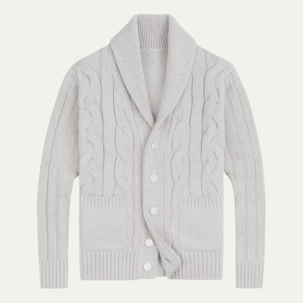 Light gray cable knit shawl-collar button cardigan