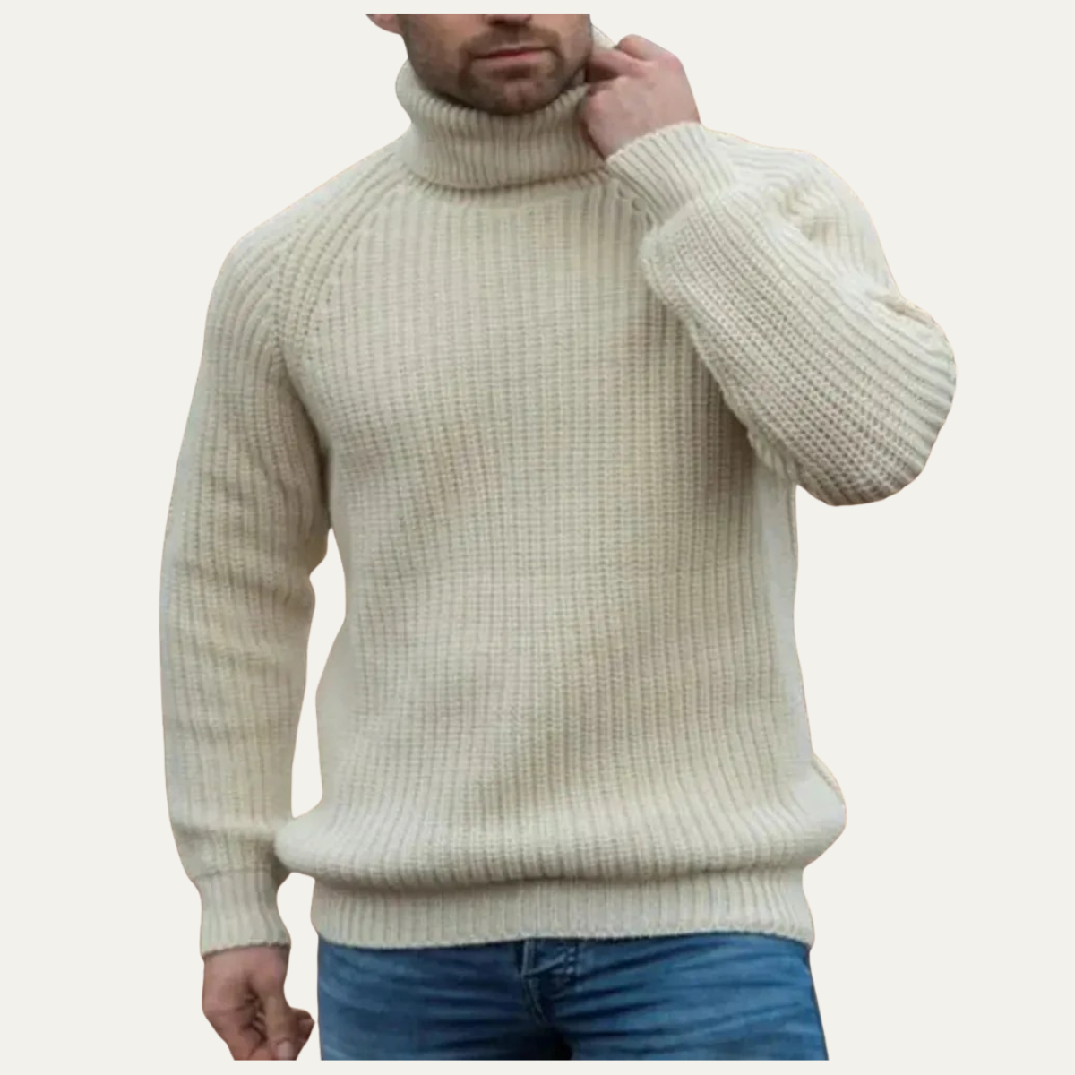 Men's chunky turtleneck sweater in off-white, ribbed hem and long sleeves