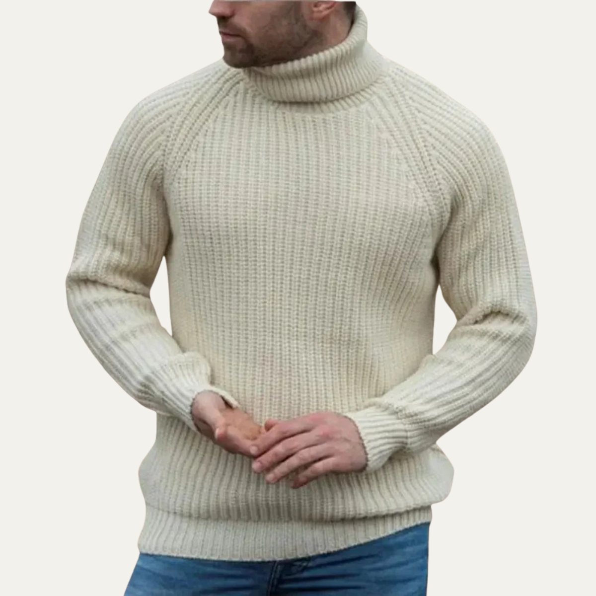 Men's chunky turtleneck sweater, off-white knit with ribbed collar and cuffs