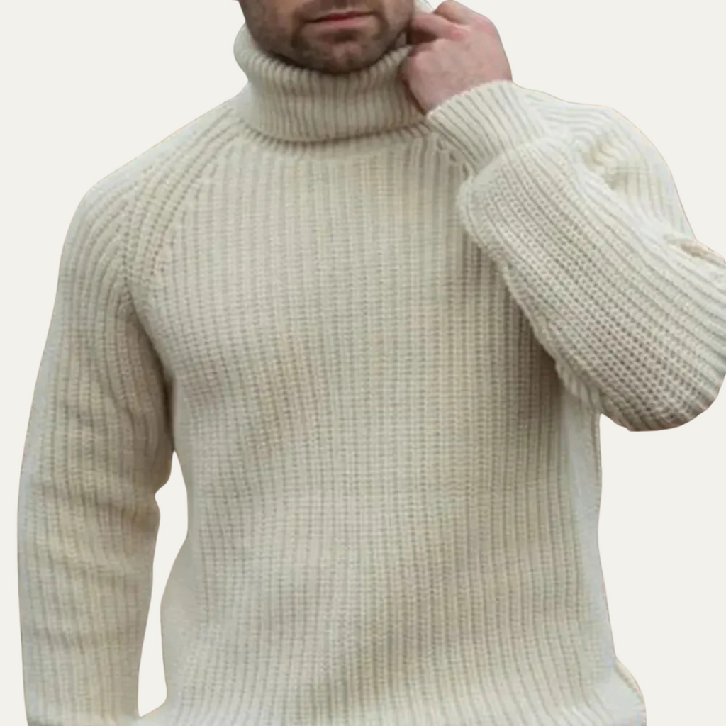 Men's chunky turtleneck sweater in off-white, close-up of ribbed neckline