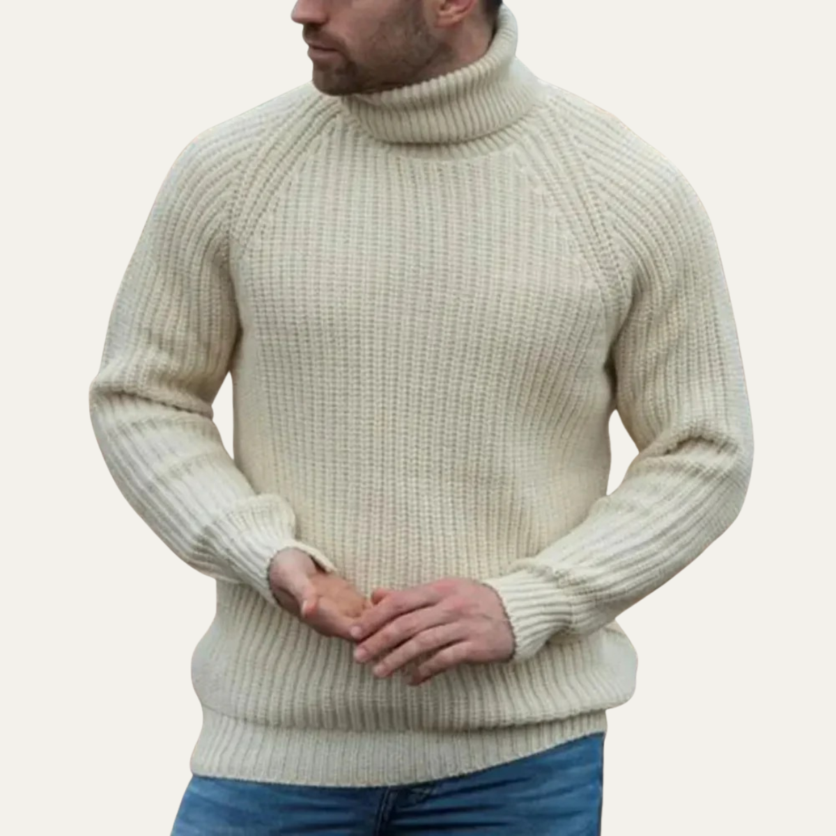 Men's chunky turtleneck sweater, off-white ribbed hem and sleeve cuffs