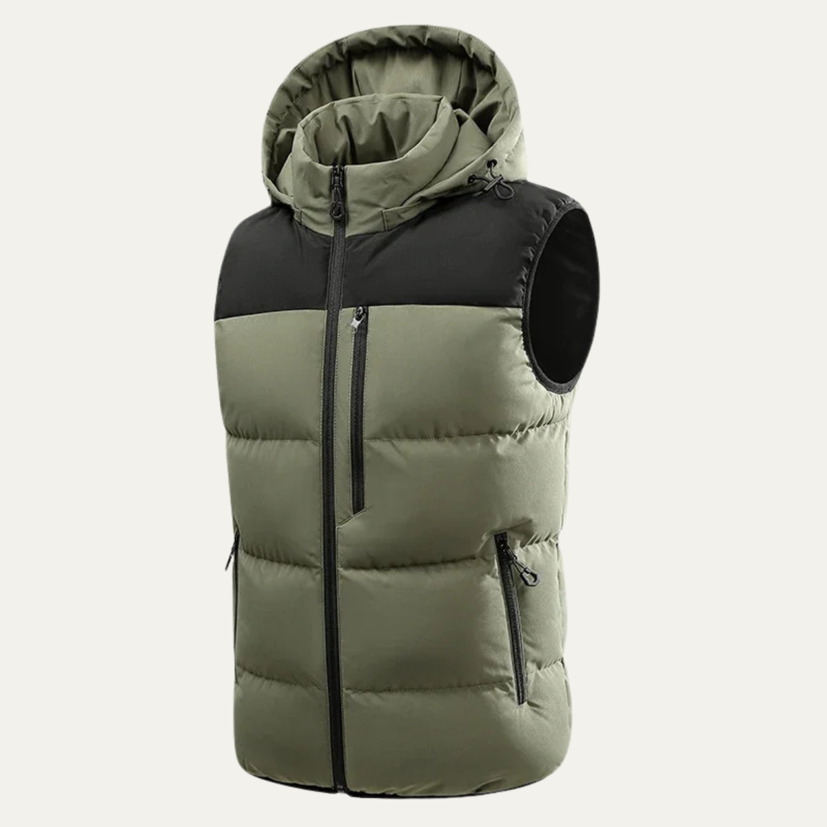 Men’s hooded olive puffer vest with black trim, front zipper, and zip pockets
