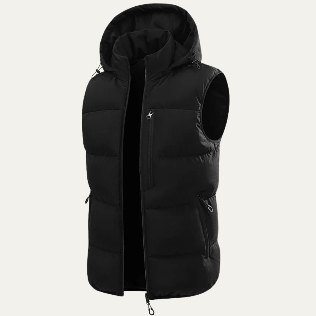 Men’s hooded black puffer vest with front zipper and zip pockets