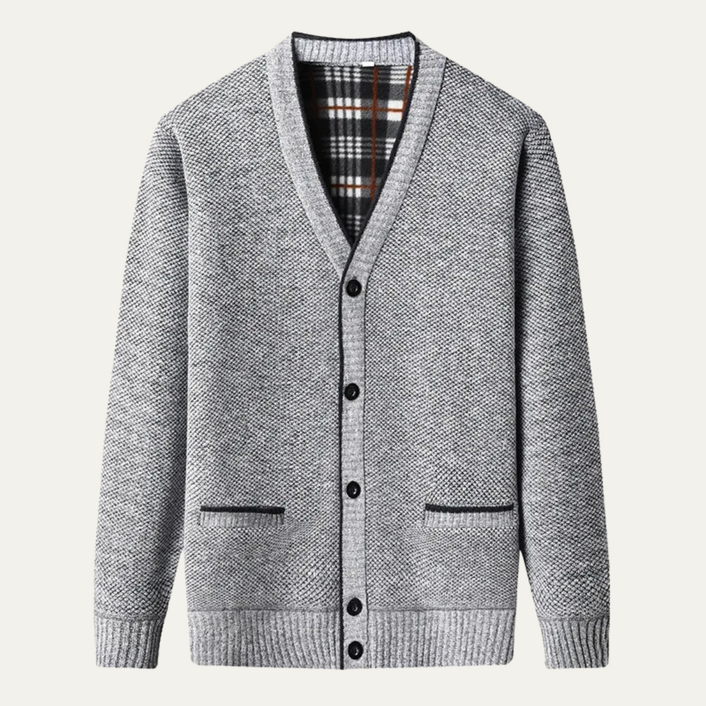 Men's light gray heather knit button cardigan with V-neck and two chest pockets