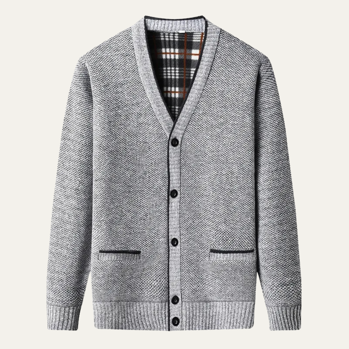 Men's light gray heather knit button cardigan with V-neck and two chest pockets