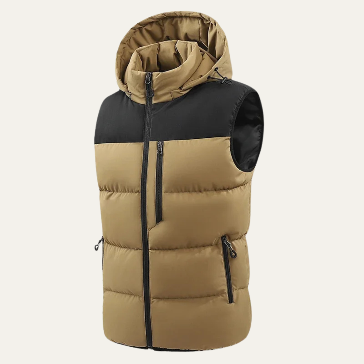 Men’s hooded puffer vest in khaki with black shoulder panels and front zipper
