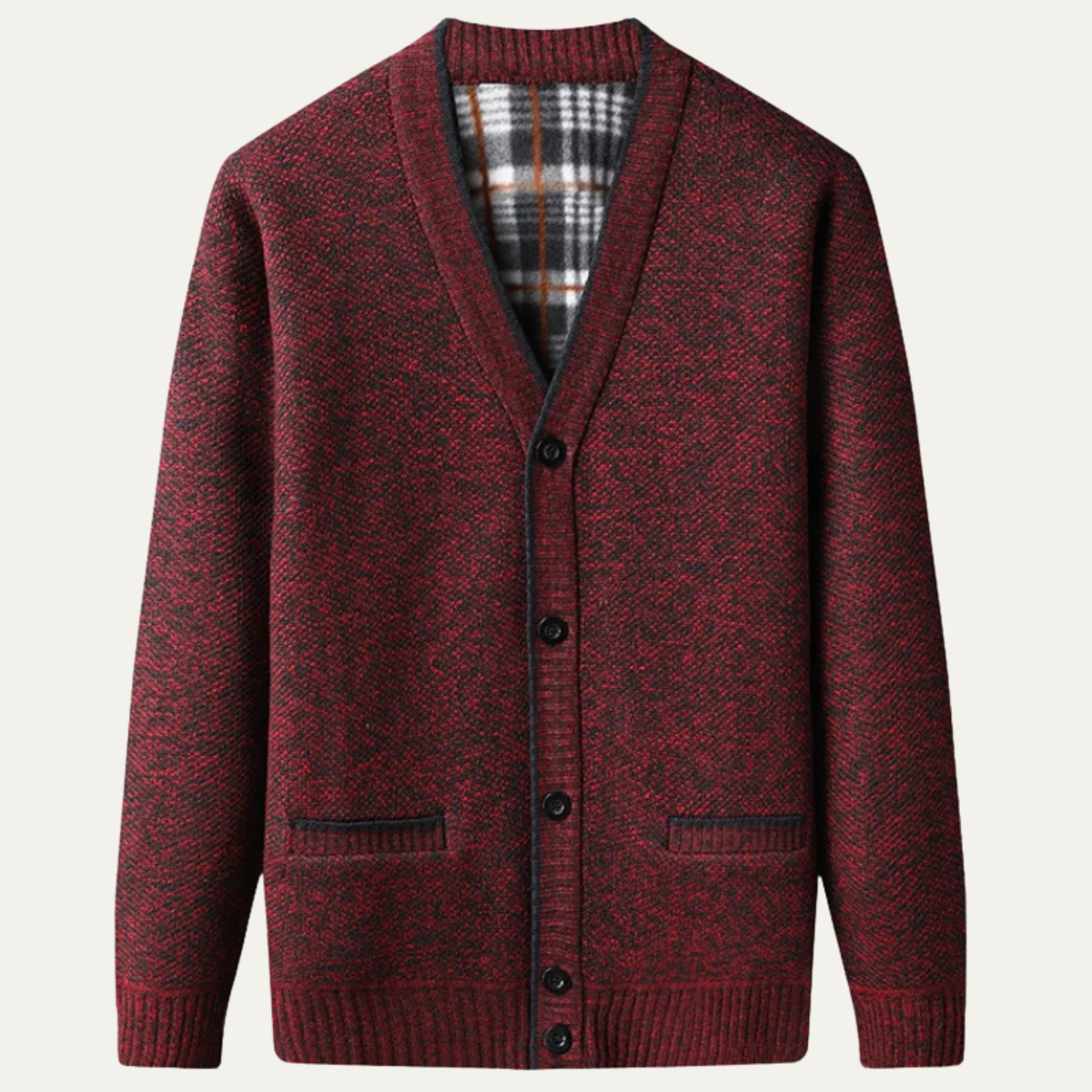 Men's burgundy heather knit button cardigan with V-neck and two chest pockets