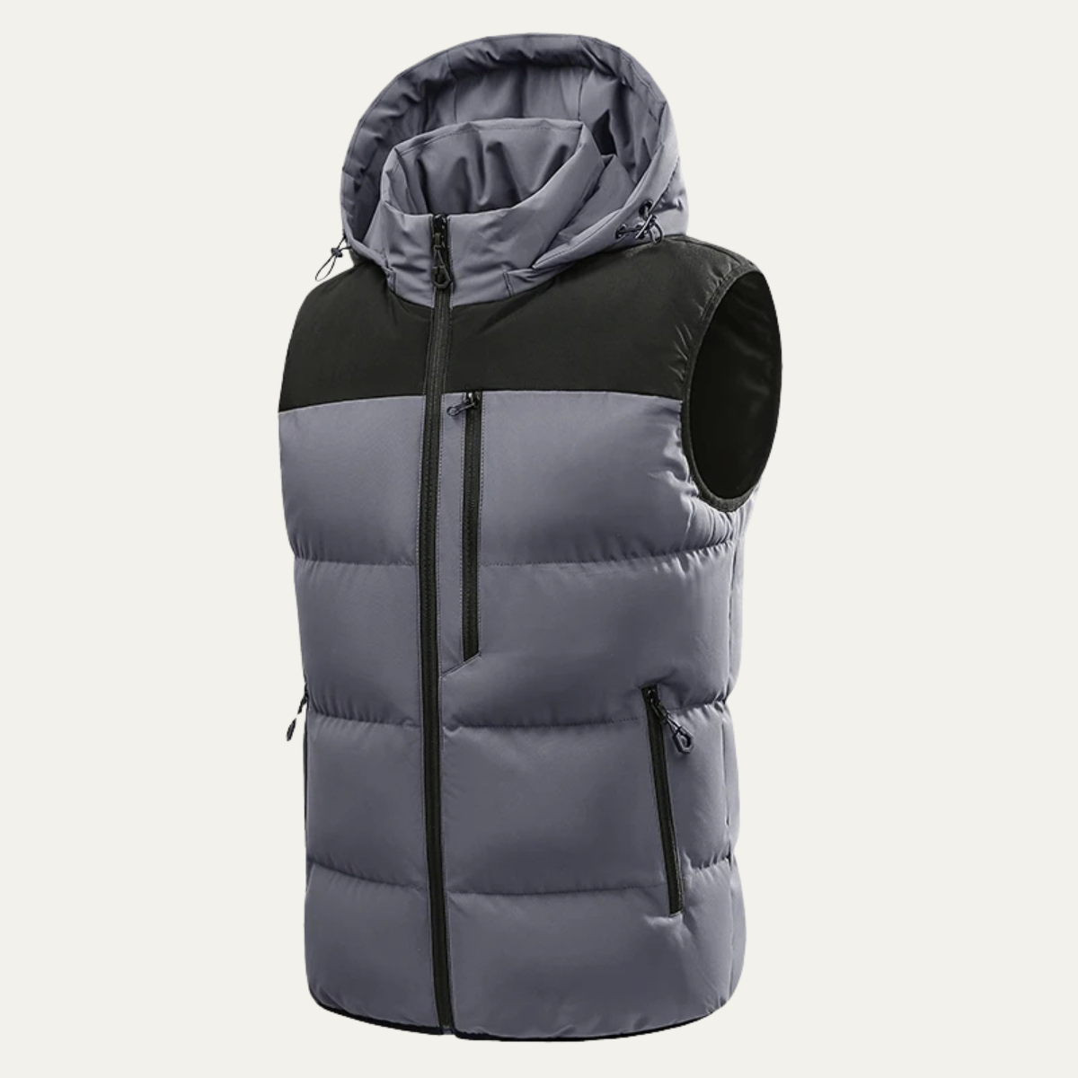 Men’s hooded gray puffer vest with black trim, front zipper, and zip pockets